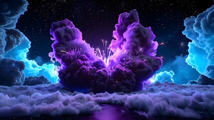 Vibrant Color Explosion in Night Sky with Ethereal Clouds and Stars