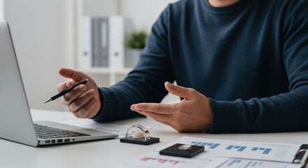 Business Meeting: Man Presenting with Laptop and Documents.