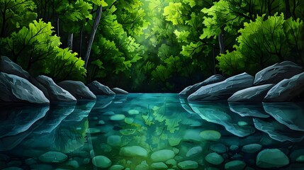 Serene Forest Reflection in Calm Water Surrounded by Lush Trees