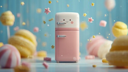 Cute fridge with a smiley face stands among sweets and stars. Pastel blue background