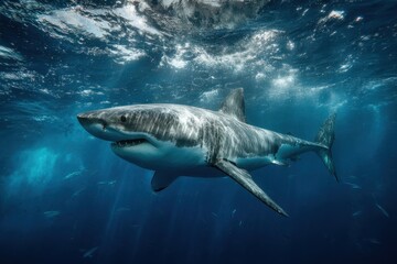 Fototapeta premium Underwater view of a great white shark gracefully swimming in the clear waters near Guadalupe Island showcasing its powerful presence in marine life