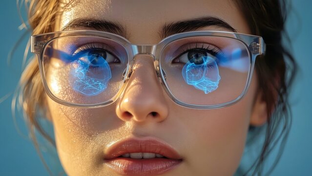 Close-up of young woman with blue eyes wearing transparent glasses reflecting digital globe, technology concept suitable for innovation, business, future, with soft natural lighting and blurred blue 