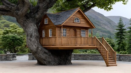 Charming Wooden Tree House Nestled in a Sturdy Tree with Nature