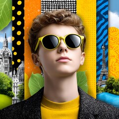 Young Person in Sunglasses Surrounded by Colorful Nature and Patterns