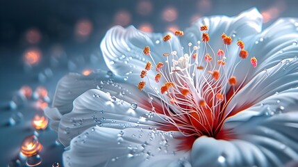 Vibrant Close-Up of White Flower Petals with Dew Drops and Anthers