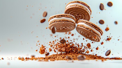 Floating Cookies with Crumbled Biscuit and Coffee Beans Falling