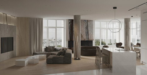 Open living area featuring plush sofa seating, modern light fixtures, and large windows offering stunning views.