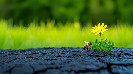 Bee Pollinating Bright Yellow Flower on Charred Log in Green Field