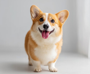 A happy Corgi dog stands on a soft white floor, smiling with its tongue out. The photo shows its short legs and chubby body in natural light with a clean, minimal background.
