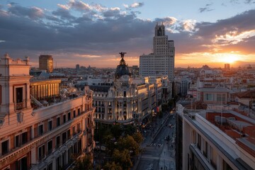 Naklejka premium Vibrant Madrid skyline at sunset showcasing iconic buildings and warm colors as day turns to night