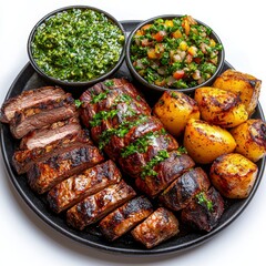 Grilled Steak and Vegetables Served on a Round Black Plate