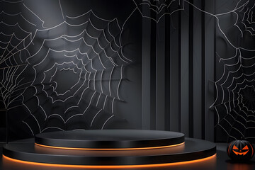 Dark Halloween mockup with black podium and spider web details,