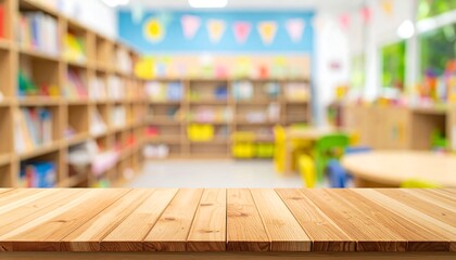 Wooden table in a blurred colorful classroom setting