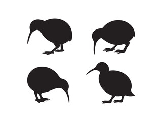 Four black kiwi bird silhouettes on a white background black and white animal