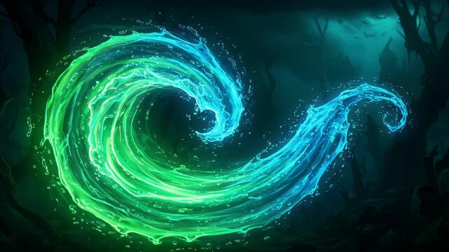 A swirling, glowing, liquid energy stream transitions from green to blue, set against a dark forest