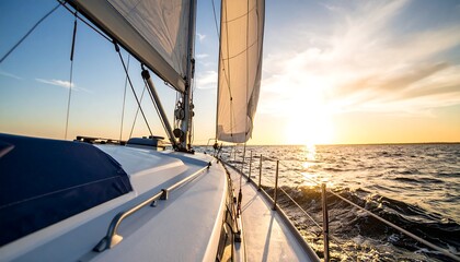 Sunset sailboat cruise, deck view, ocean waves