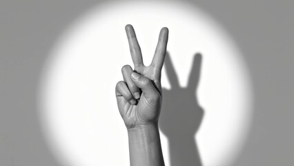 Black and white human hand showing victory peace sign gesture with shadow on wall, success concept for business, motivation, social media, minimalist background with spotlight illumination