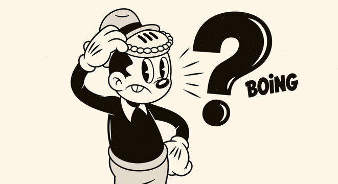 Confused cartoon character scratching head next to a big question mark and "BOING" sound effect, evoking surprise or bewilderment in a retro style.