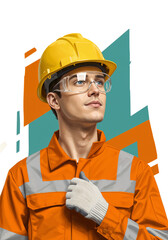 proud builder in protective gear looking into the distance on geometric background . Generative AI