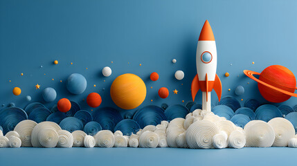 Contemporary vector illustration featuring rocket liftoff with planets and sparkling stars against deep space background, conveying high-tech interplanetary launch in minimalistic design.