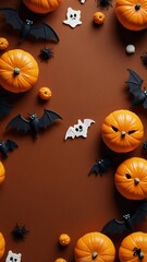 Spooky halloween decorations with pumpkins bats and ghosts