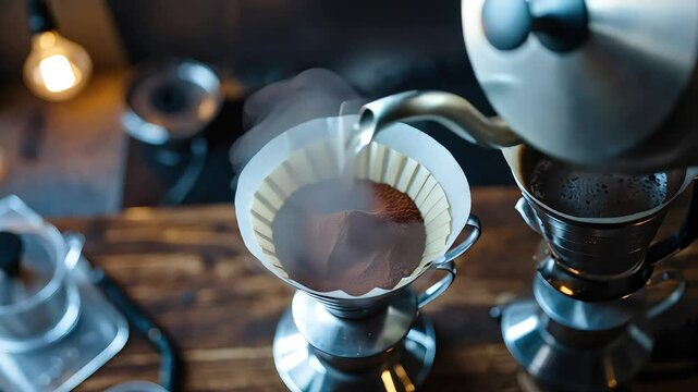 Barista brewing fresh aromatic pour-over coffee, pouring hot water into a dripper with steam rising in a cafe.