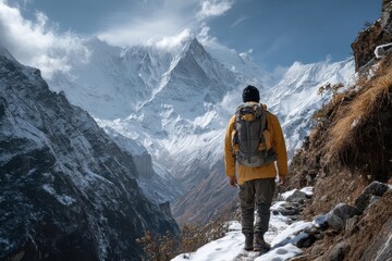 Hiker exploring the breathtaking Himalaya mountains on a clear day surrounded by majestic peaks and a serene landscape