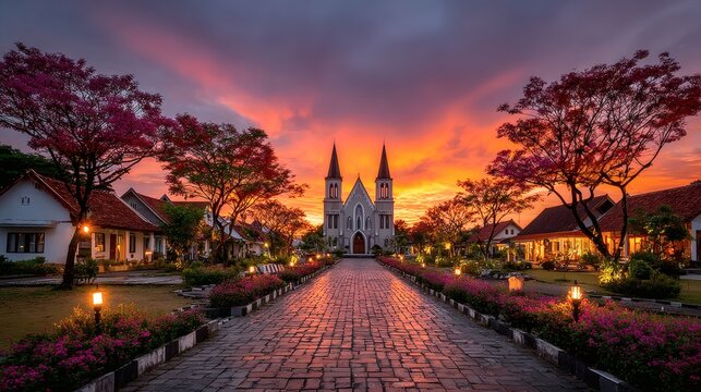 Scenic Church in Sunset with Flower Gardens and Tree-lined Path in Village Setting