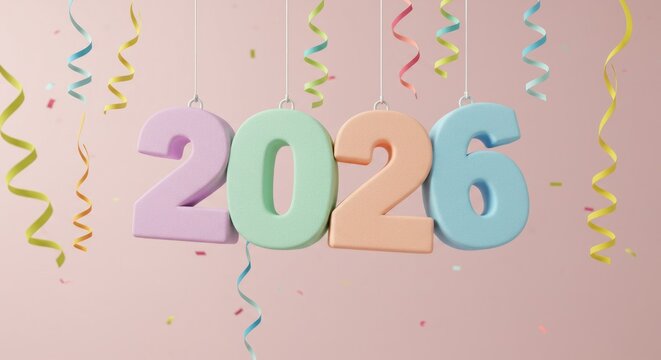 A pastel-colored illustration depicts the year 2026 hanging, each digit a different hue. Curly streamers and confetti add festive vibes