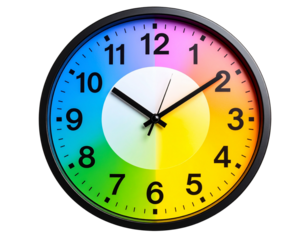 3D Rendered Cartoon Wall Clock with Colorful Numbers, isolated on transparent PNG