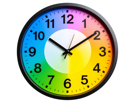 3D Rendered Cartoon Wall Clock with Colorful Numbers, isolated on transparent PNG