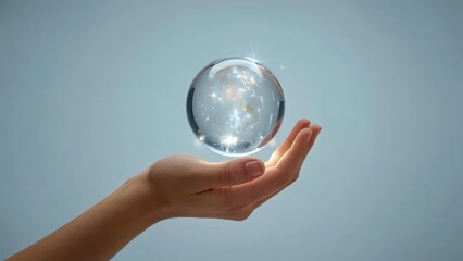 Human hand holding transparent crystal ball floating, mystical magic concept, fortune telling, future prediction, spiritual vision, blue soft background, serene atmosphere, clarity and focus image