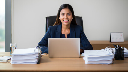 Portrait of a smiling young Indian businesswoman sitting at her modern office desk with a laptop and stacks of paperwork