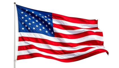 A large American flag billows in the wind against a white background