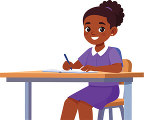 Smiling African American Schoolgirl Studying at Desk. Education, Homework, And Learning Flat Vector Illustration
