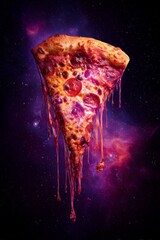 Cosmic pizza slice floating in space surreal food art vibrant galaxy background dreamlike perspective