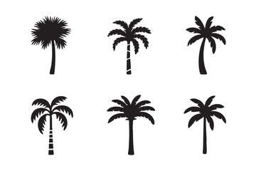Six black palm tree silhouettes on white background tropical