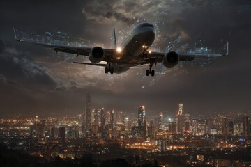 Airplane approaches a futuristic city skyline at night with vibrant lights and a dramatic sky filled with clouds