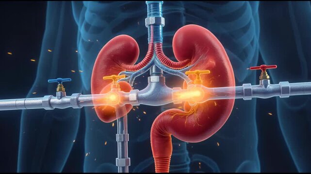 Conceptual 3D animation illustrating healthy human kidneys depicted as a sophisticated internal filtration and fluid regulation system
