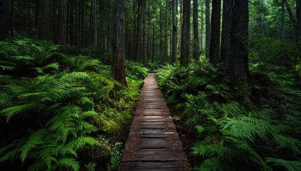 Wooden path through a lush forest (1)