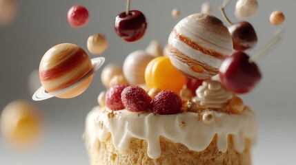 Cosmic cake creation kitchen food photography creative environment close-up view galactic dessert concept