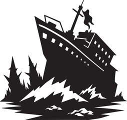 wrecked ship silhouette, black and white silhouette, vector and illustration