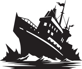 wrecked ship silhouette, black and white silhouette, vector and illustration