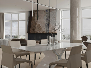 Close-up of silver vases with a bare tree branch on a marble dining table in a minimalist modern home.
