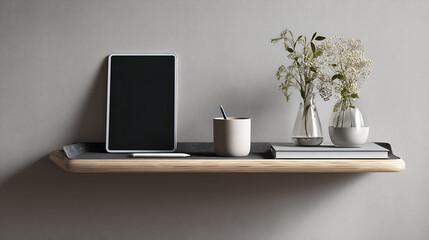A tablet, flowers, and books are arranged on a modern shelf
