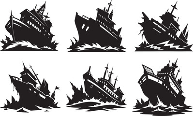 set of wrecked ship silhouette, black and white silhouette, vector and illustration