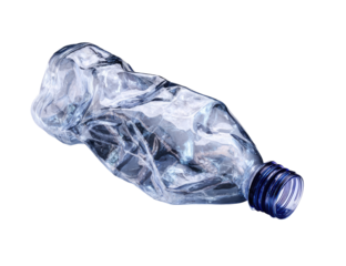 A crumpled, clear plastic water bottle, discarded
