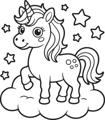 Fototapeta premium Cute unicorn on cloud with stars cartoon, outline magical horse for kids coloring book, and nursery art