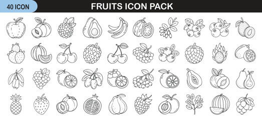 Hand Drawn Fruit Line Icon Collection - Set of 40 black and white line icons featuring various fruits, ideal for food apps, nutrition websites, and healthy lifestyle designs.