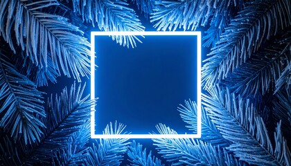 Icy blue fir branches frame a glowing white neon square against a dark blue background